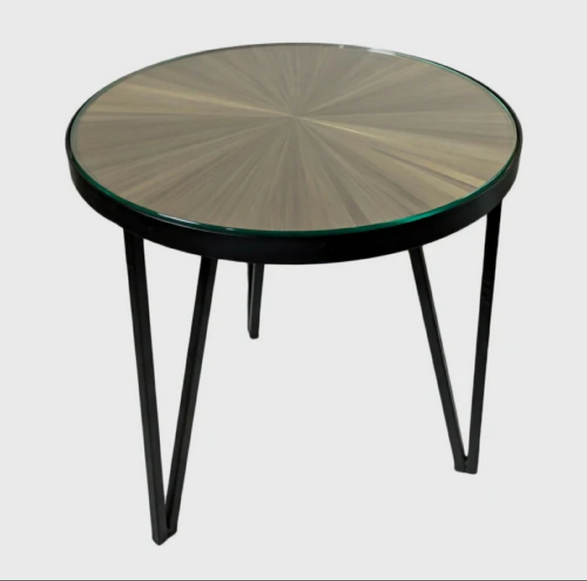 Table d’appoint ronde : plateau paille dorée, pieds métal noir, bord vert