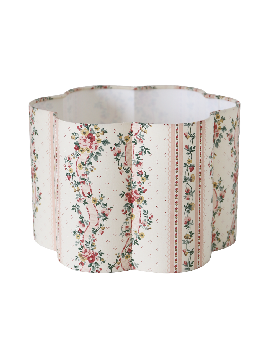 Abat-jour forme fleur Flora Pontavel, tissu crème à fleurs multicolores et rayures