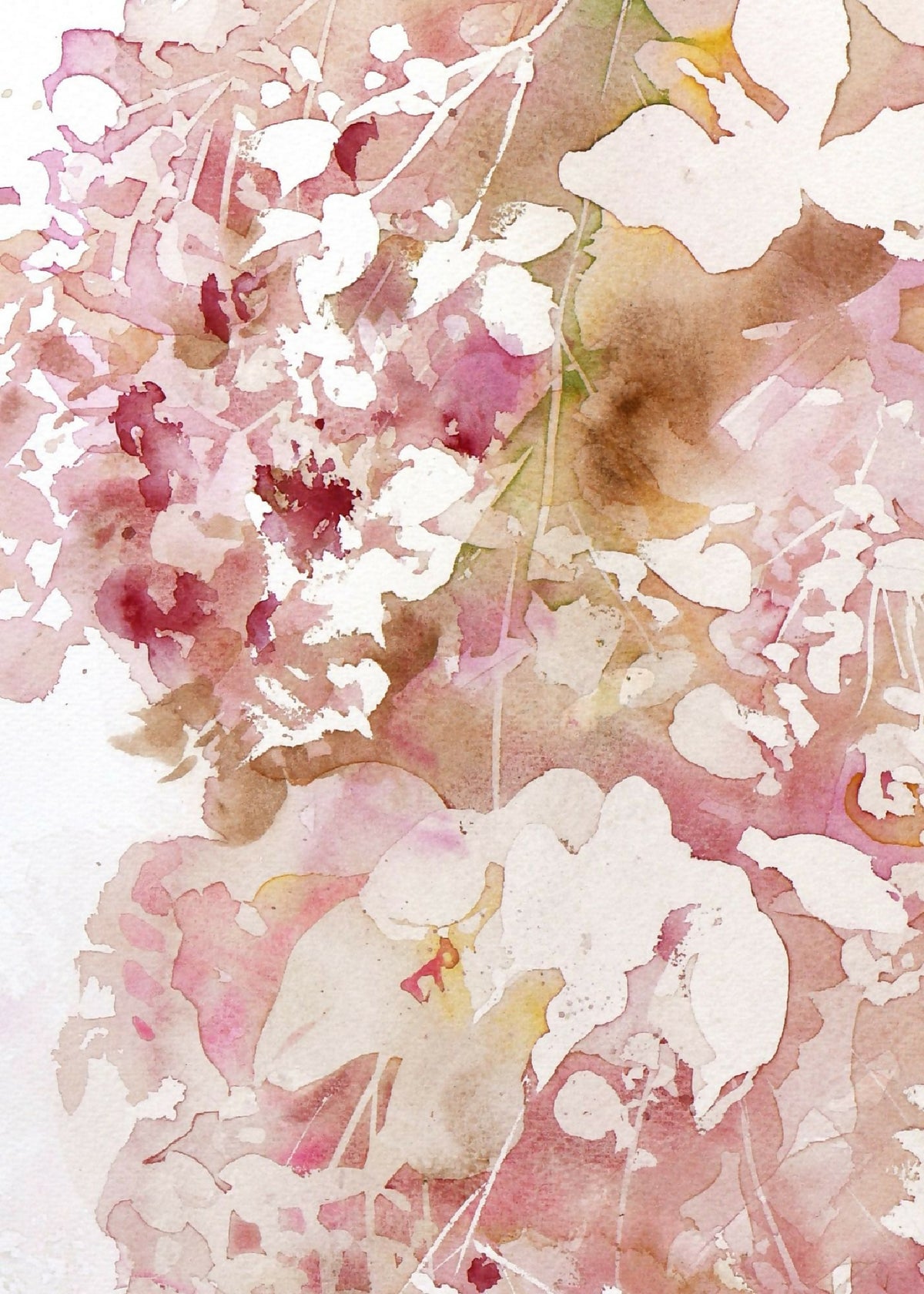 Aquarelle originale, composition florale abstraite rose poudré et marron
