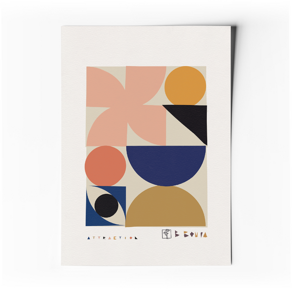 Affiche d’art abstrait géométrique minimaliste, formes pastel terracotta et bleu nuit.