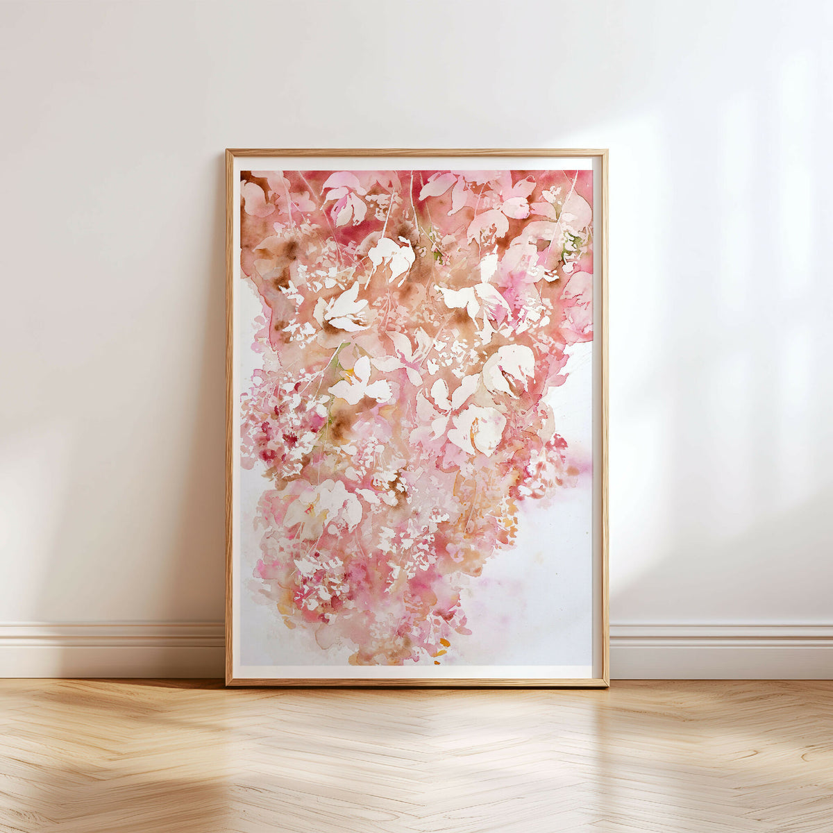 Aquarelle originale encadrée, fleurs abstraites roses, beiges et blancs