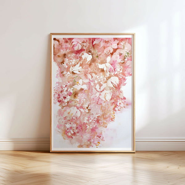 Aquarelle originale encadrée, fleurs abstraites roses, beiges et blancs