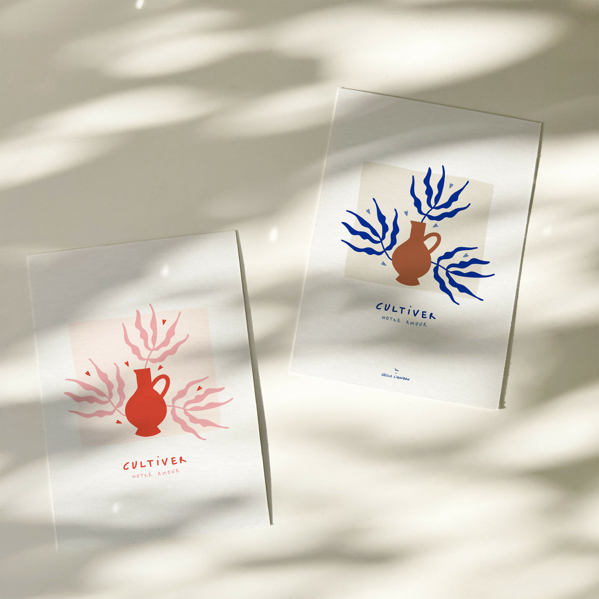 Deux cartes de vœux : une rose/rouge et une bleu/terracotta, illustrations « Cultiver »