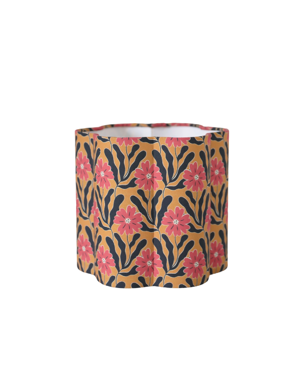 Abat-jour cylindrique en tissu, motif fleurs roses et feuilles, fond sombre, style rétro
