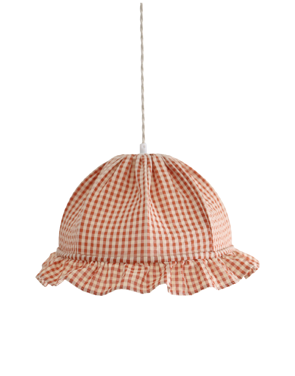 Suspension dôme en tissu à carreaux vichy orange et blanc, volant périphérique.