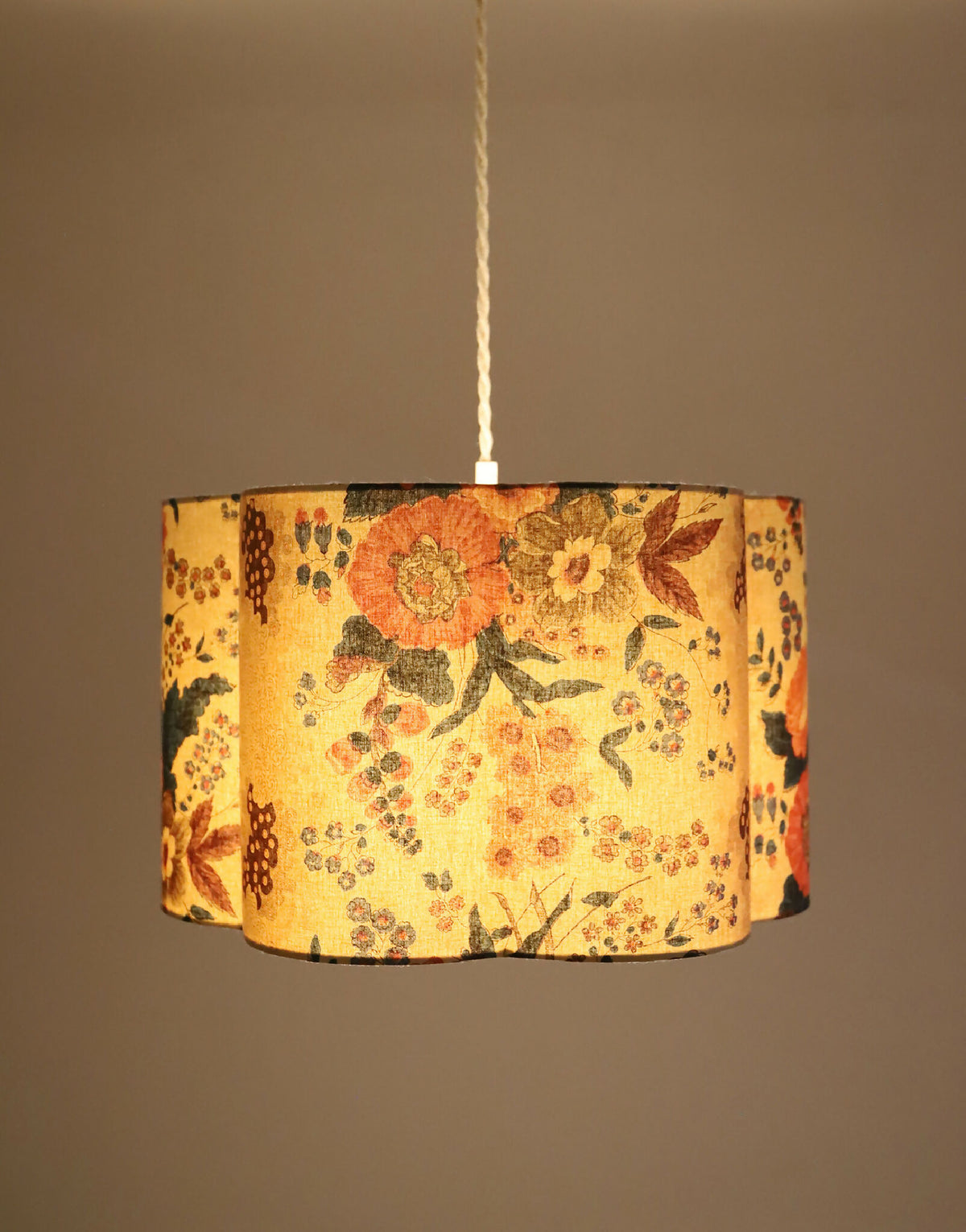 Suspension lampe : abat-jour tissu imprimé fleurs, éclairage chaud, forme cylindrique