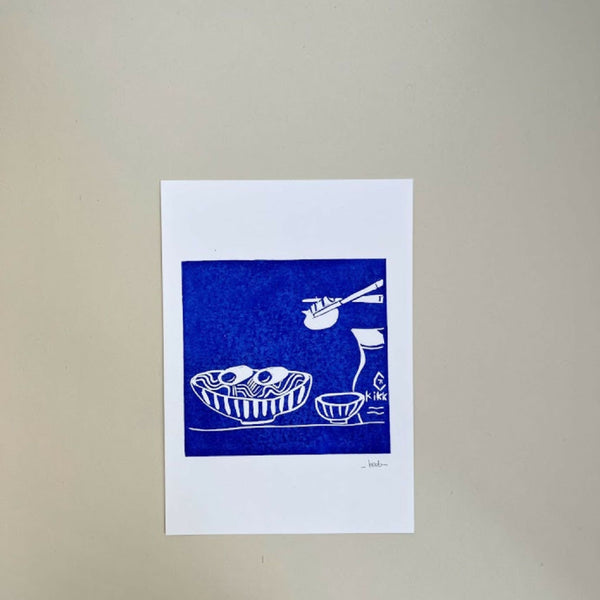 Linogravure A5 15×21 cm, estampe bleue ultramarine sur papier blanc (repas japonais)