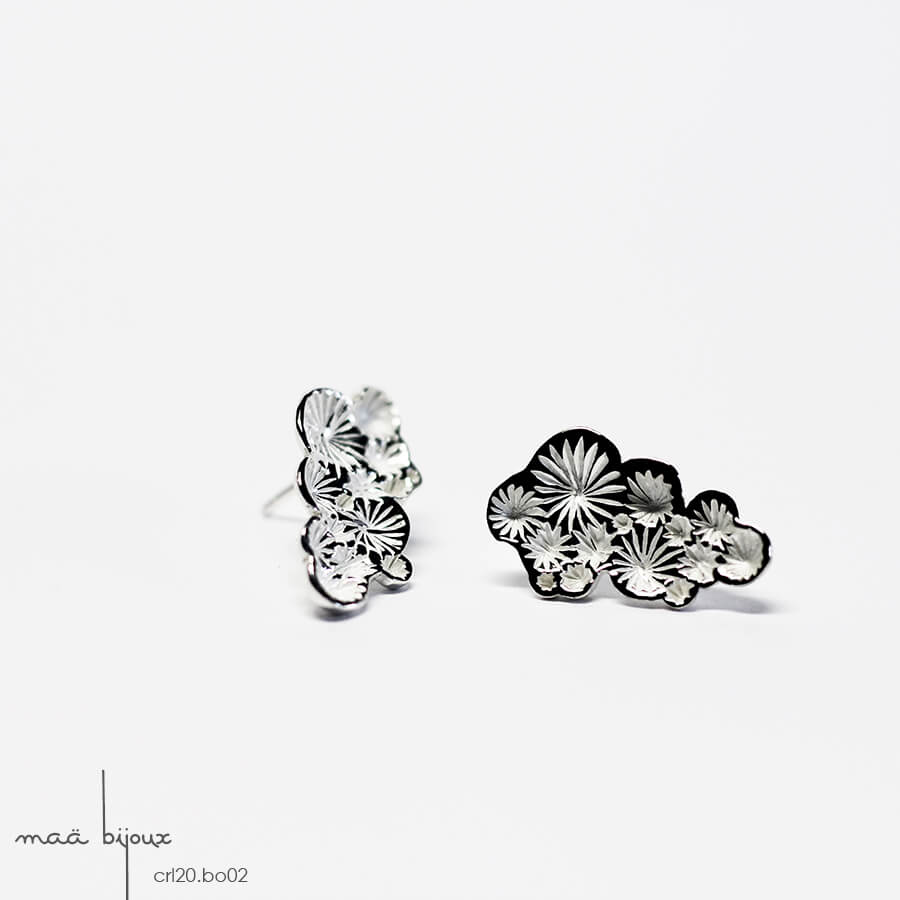 Boucles d'oreille puce longue de la collection corail inspiré de la nature fabriqué en france en argent massif recyclé, bijoux écologique, maä bijoux