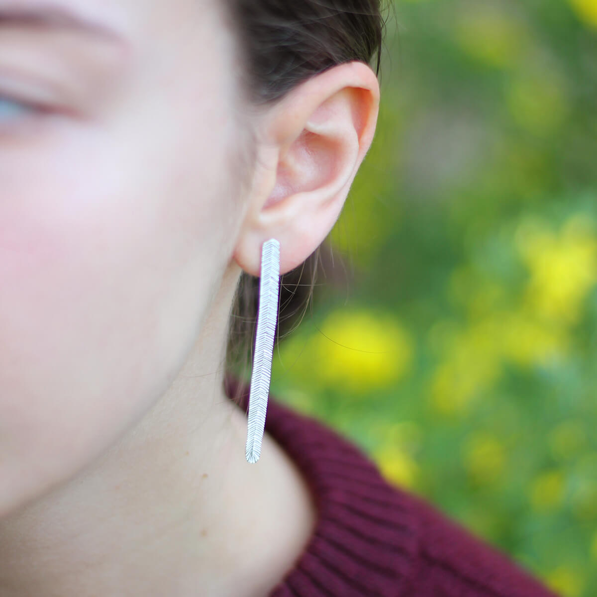 Boucles d'oreilles barres en argent massif recyclé, longues puces élégantes de mariage, Collection Volute
