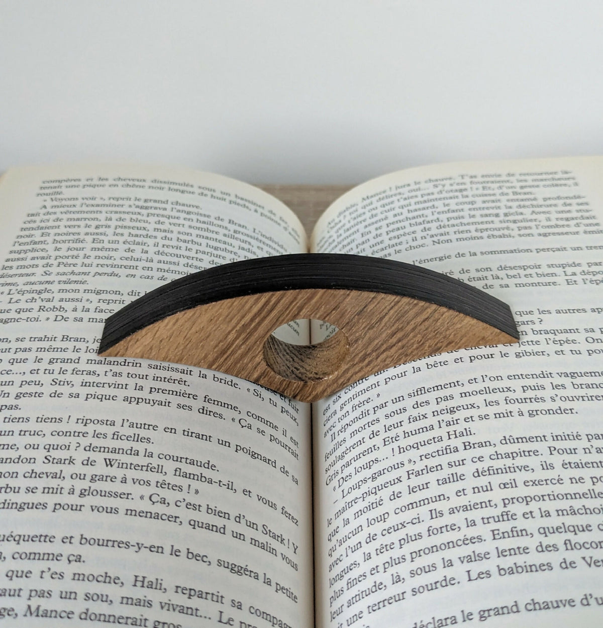 Accessoire de lecture sur livre ouvert, bande noire et marqueterie brunâtre, ouverture ovale.