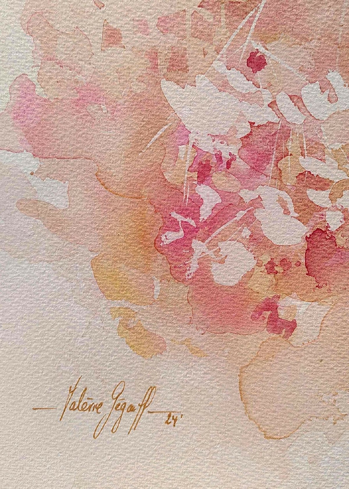 Aquarelle originale signée, détails roses et orangés sur papier texturé