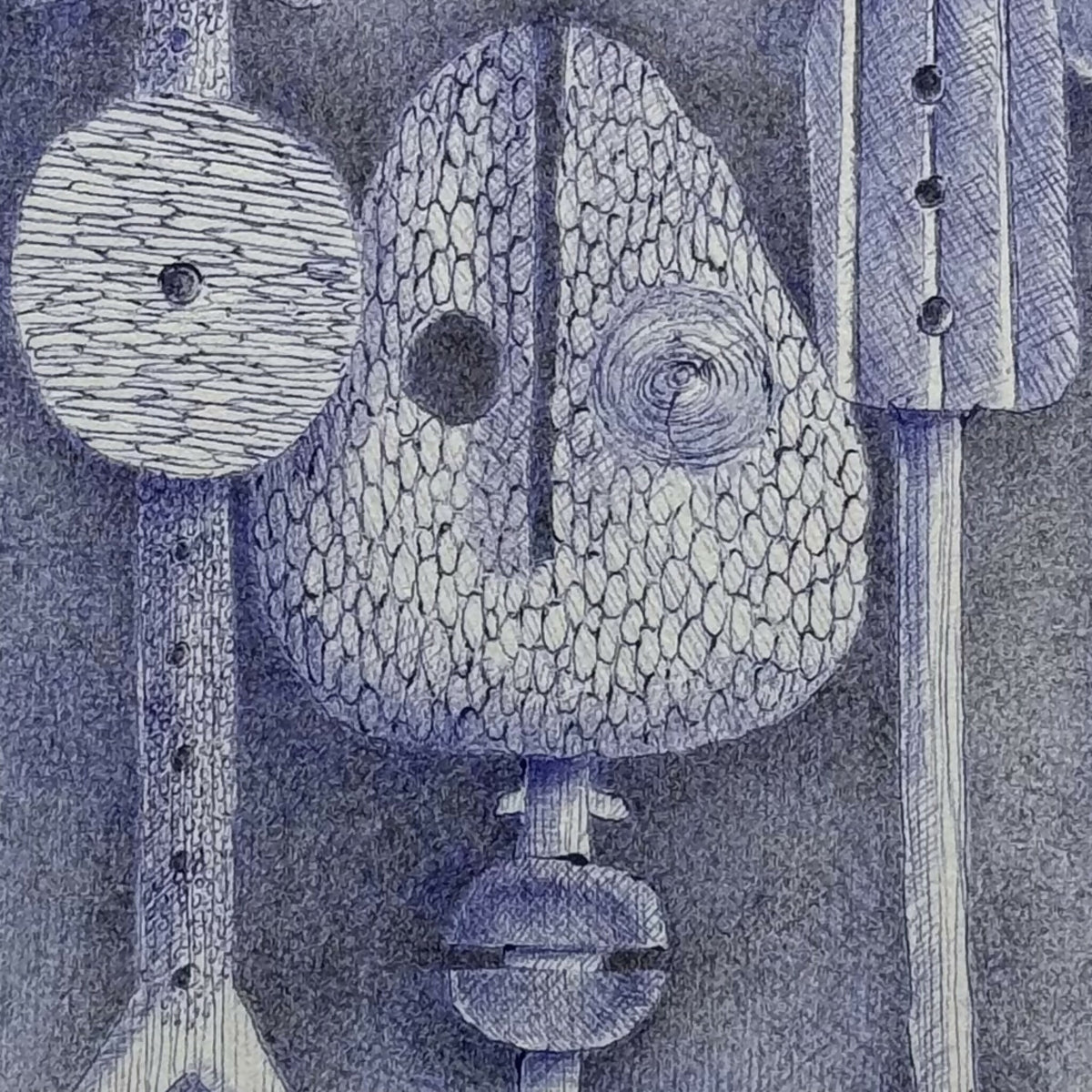 Détail d’un tableau: visage abstrait et formes circulaires bleu/gris.