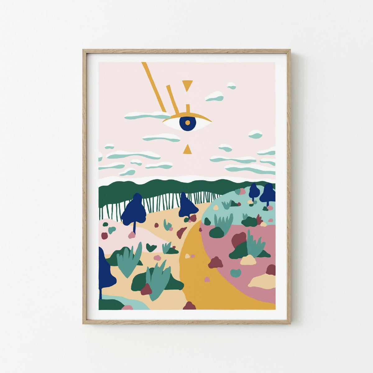 Illustration artistique encadrée, paysage coloré stylisé avec œil et formes végétales