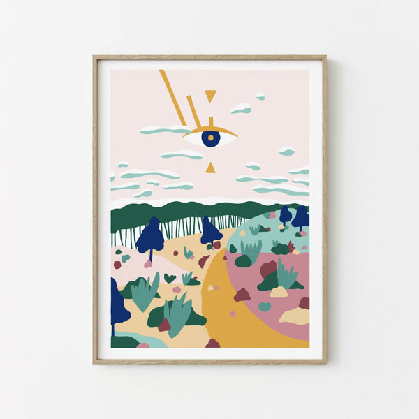 Illustration artistique encadrée, paysage coloré stylisé avec œil et formes végétales