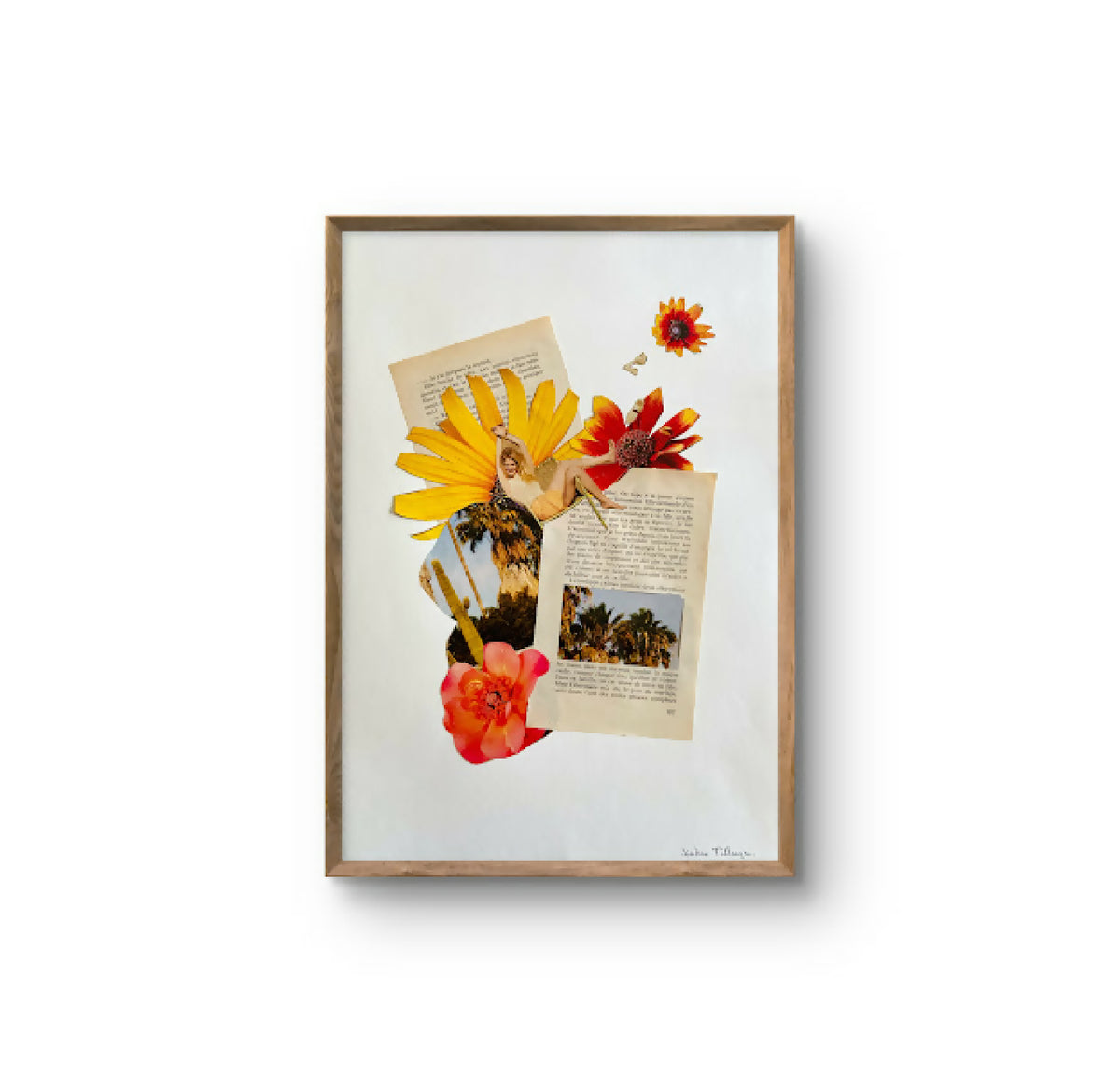 Tableau encadré rectangulaire : collage de fleurs jaune, rouges et orange sur fond clair