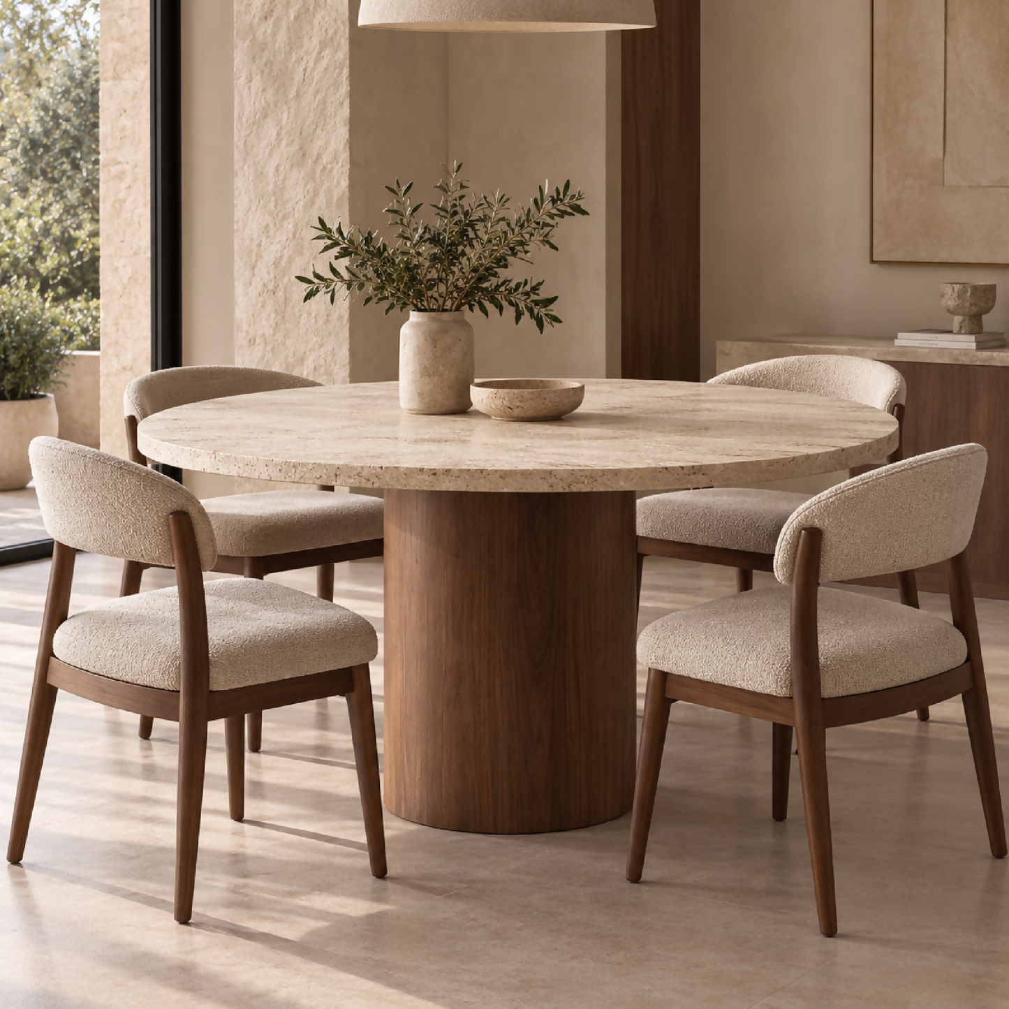 Table en travertin et pied en bois de hêtre