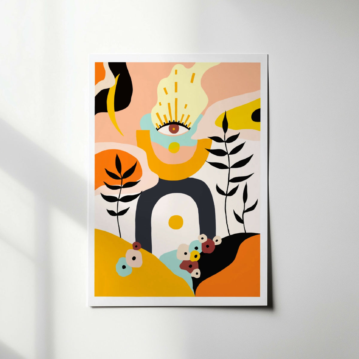 Illustration encadrée INES : œil stylisé, feuilles noires et motifs orange beige