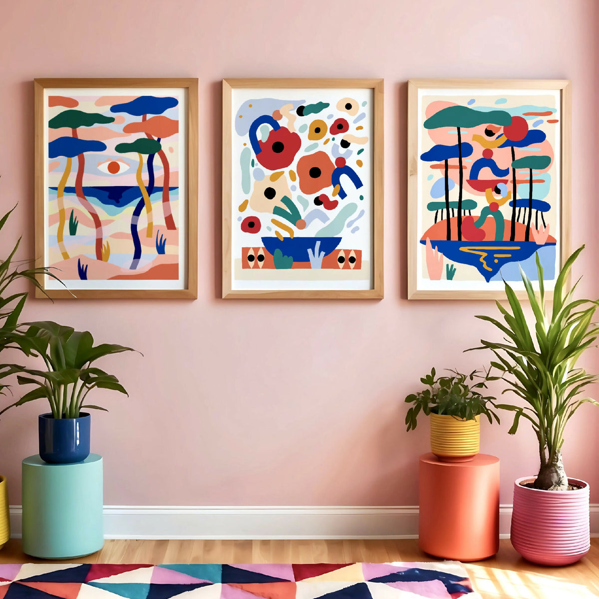 Trois illustrations encadrées aux formes organiques bleu, vert et tons corail.