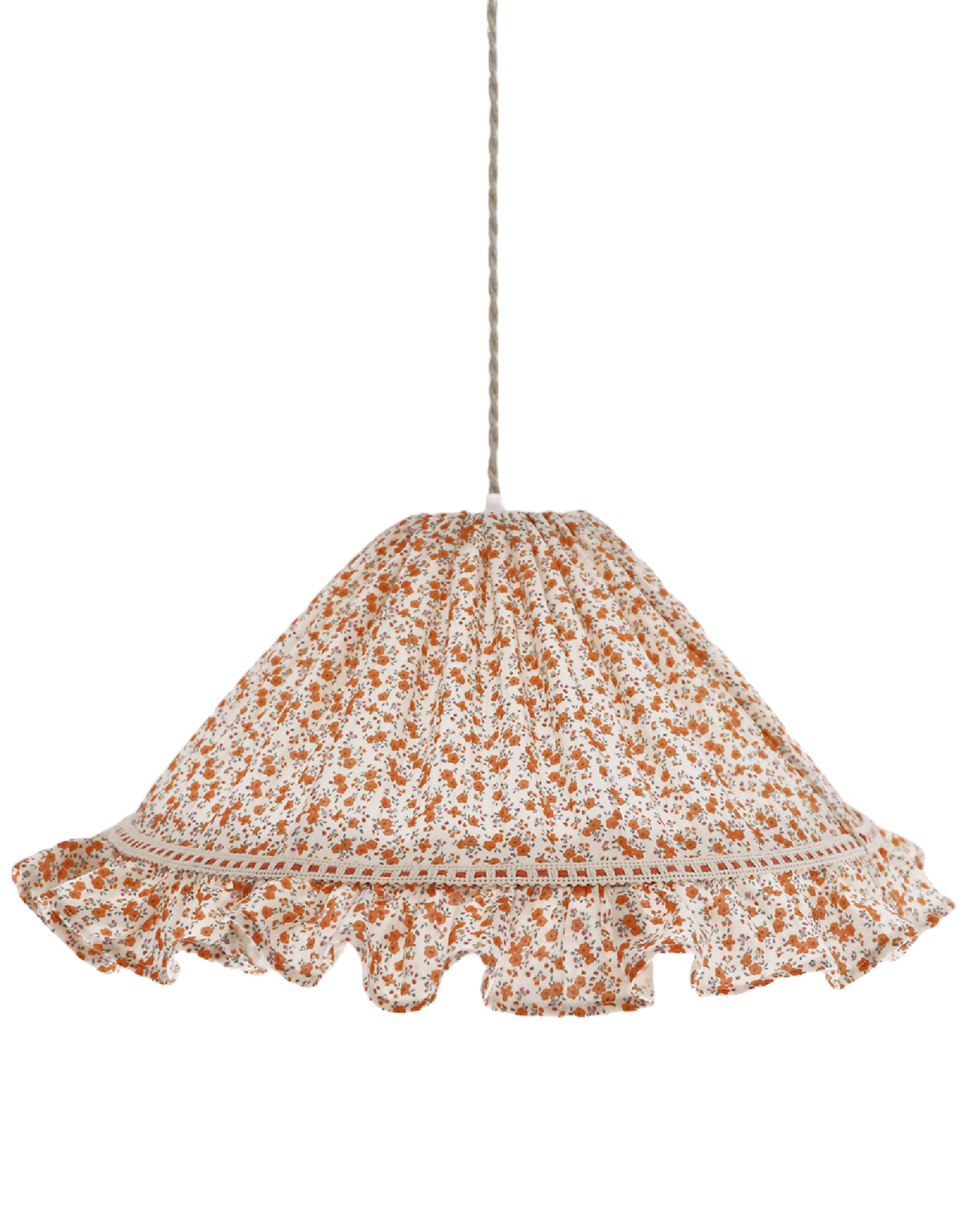 Suspension conique Emilia «fleurettes» blanche à motif fleuri orange et volant festonné
