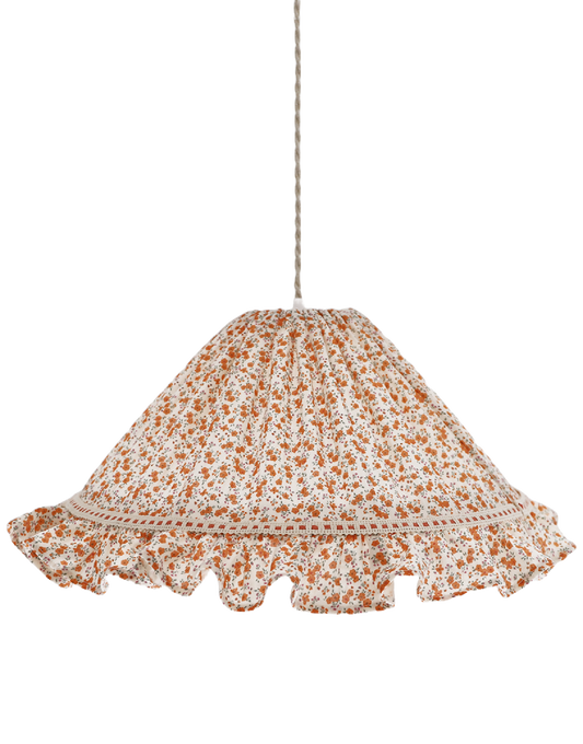 Suspension conique Emilia «fleurettes» blanche à motif fleuri orange et volant festonné