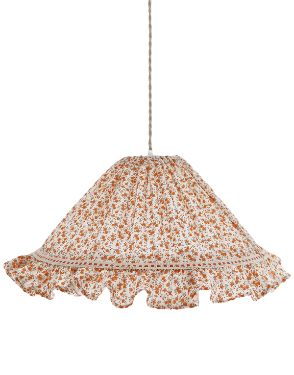 Suspension conique Emilia «fleurettes» blanche à motif fleuri orange et volant festonné
