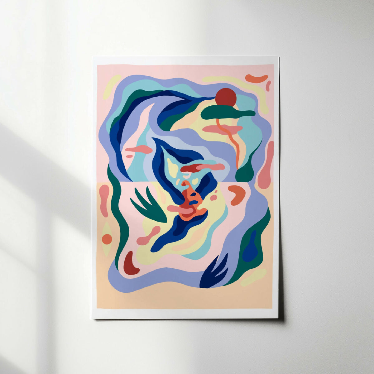 Affiche artistique encadrée, visuel abstrait aux lignes ondulées bleu, vert et rose.