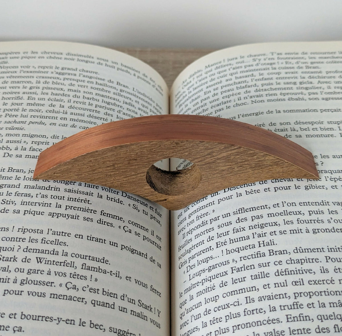 Bague de lecture marqueterie paille cuivre sur livre ouvert, ouverture ovale