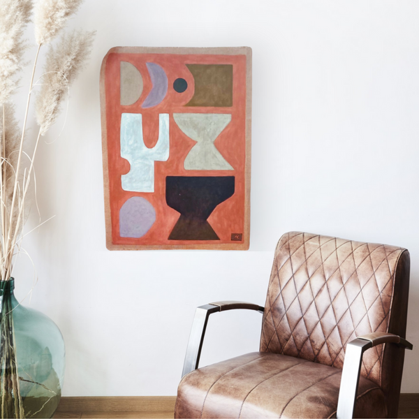 Tableau abstrait encadré Grées, formes géométriques multicolores sur fond corail