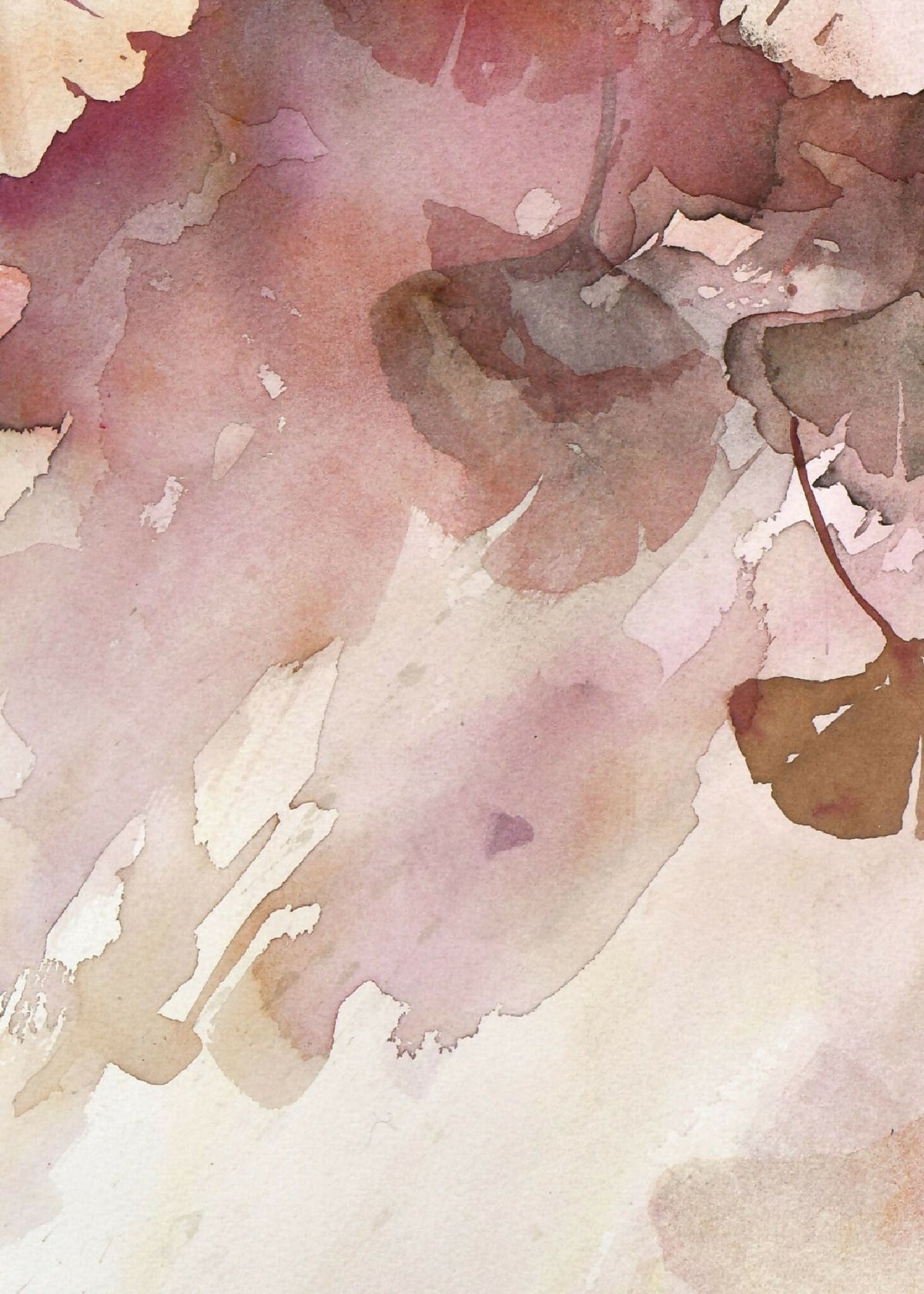 Aquarelle de ginkgo d’automne, gros plan de feuilles crème sur fond rosé et beige.