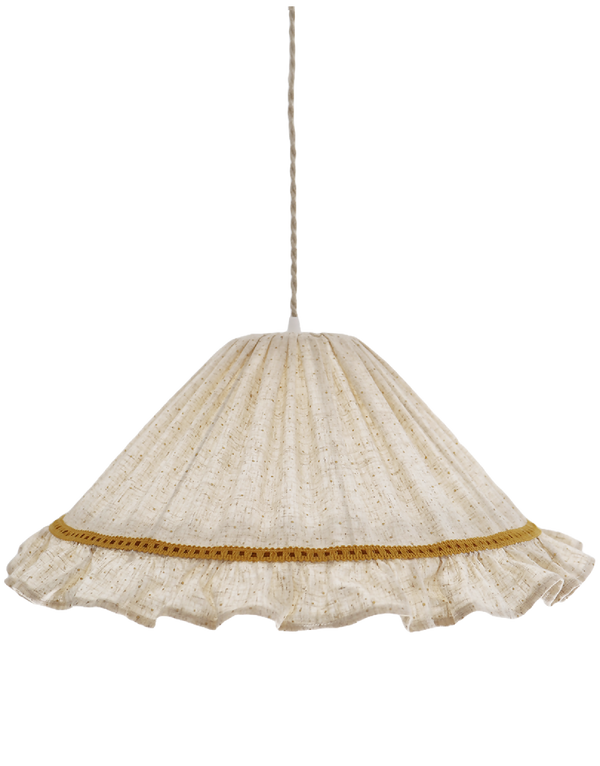 Suspension conique en lin et coton beige à volant, bord doré et cordon suspendu