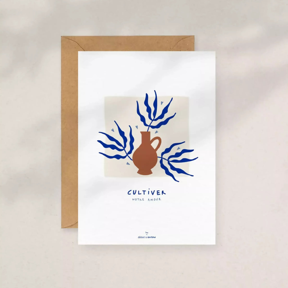 Carte de vœux blanche avec enveloppe kraft, illustration bleu et terracotta « Cultiver »