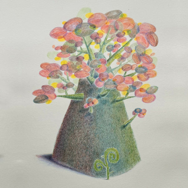 Tableau illustré : grand vase vert et bouquet de fleurs rondes multicolores