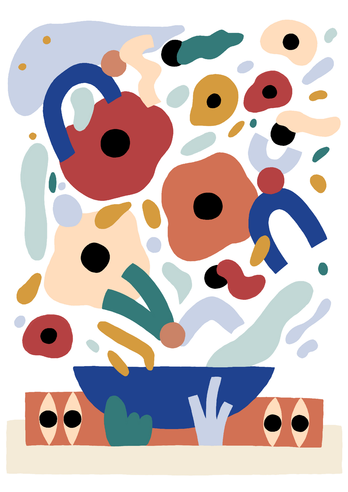 Affiche digigraphie abstraite aux formes organiques et couleurs vives sur fond clair