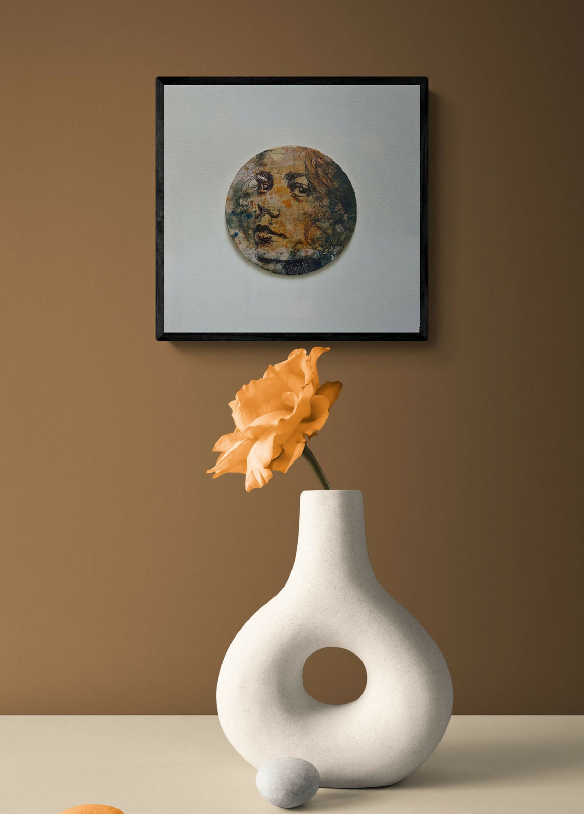Tableau Rossignol encadré, portrait circulaire abstrait sur fond clair