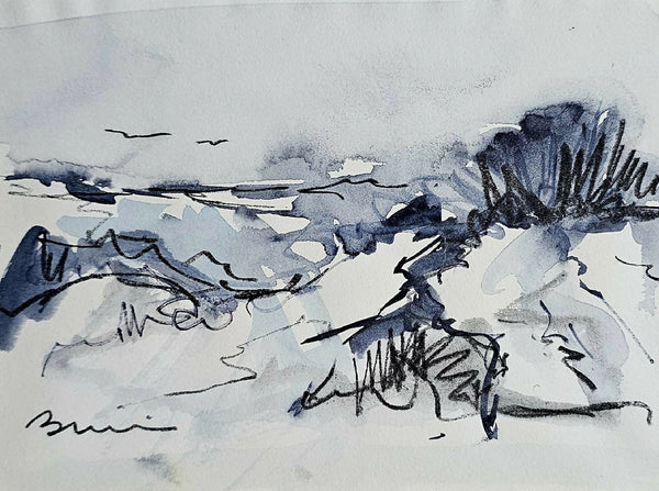 Dessin original encre bleue, paysage abstrait de dune avec oiseaux.