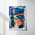Illustration encadrée abstraite, visage stylisé bleu et orange, motifs verts