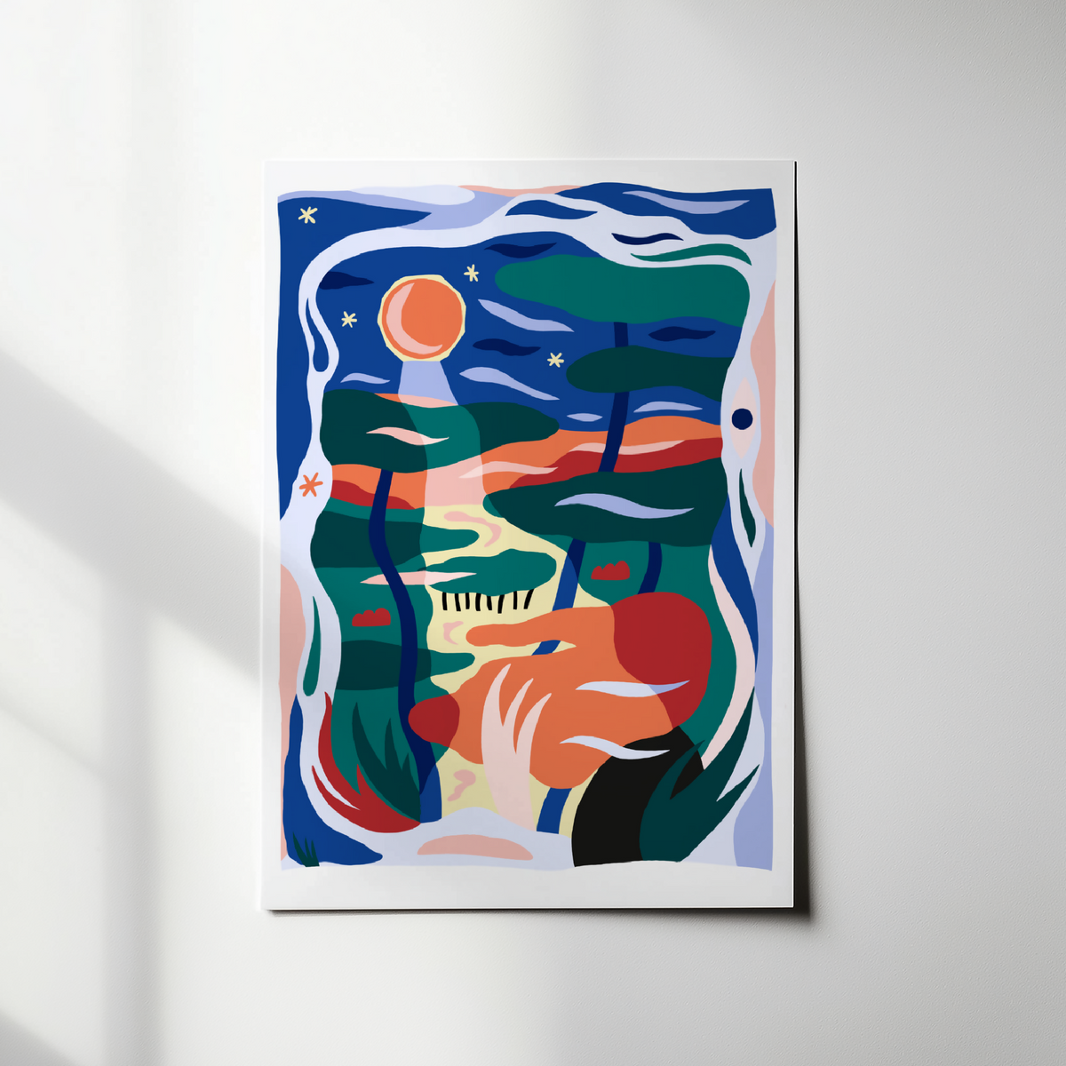 Illustration encadrée abstraite, visage stylisé bleu et orange, motifs verts