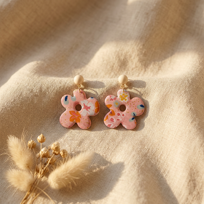 Jardin Fleuri — pendantes pâquerette · papier indien floral résiné · rose, orange, bleu & or · fait main France 🇫🇷
