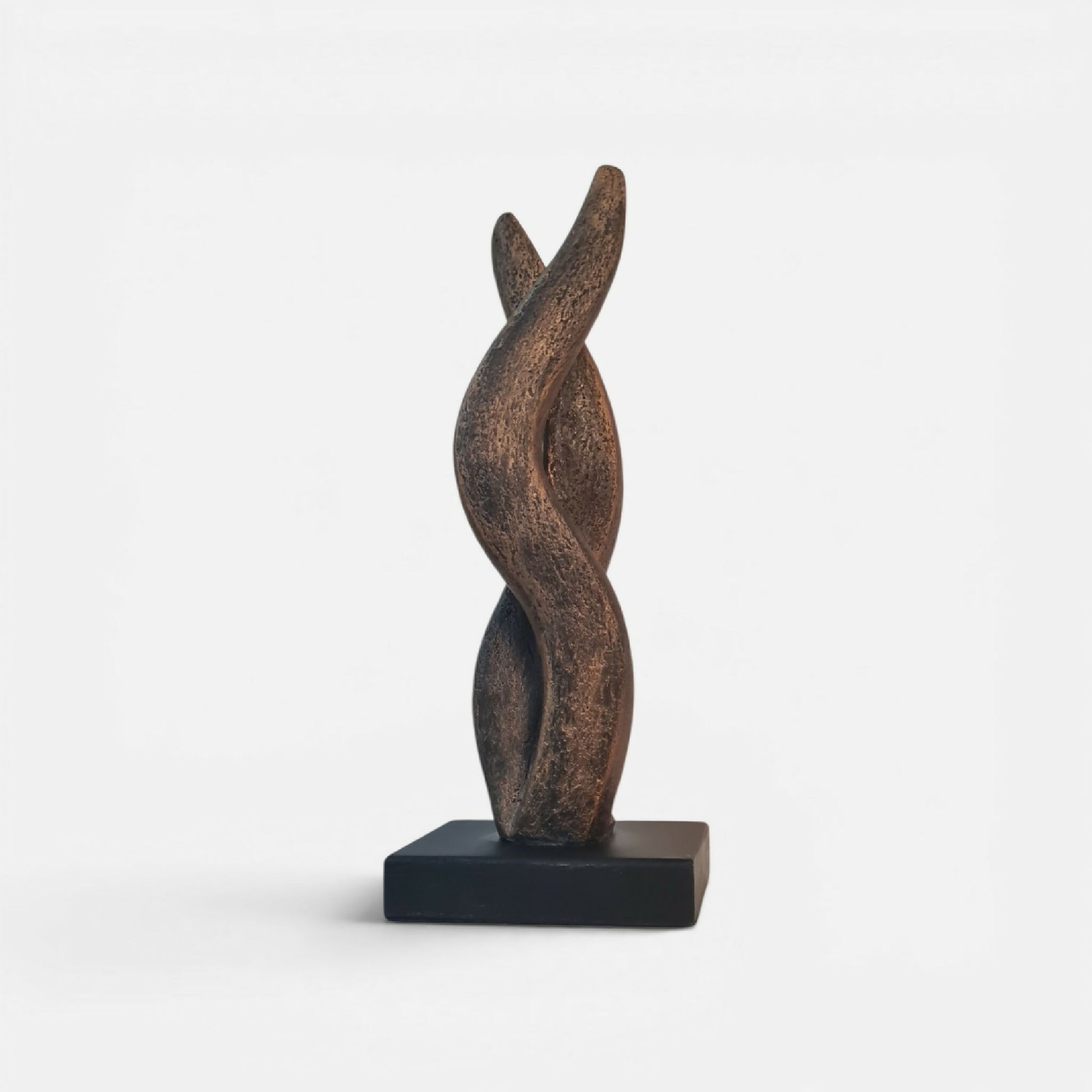 Sculpture contemporaine en bronze, forme de flamme, sur socle noir
