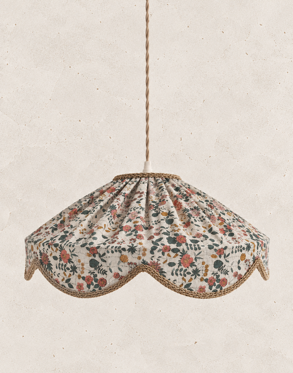 "Cosette" Pendant Light in English Garden Floral Fabric - Vintage Style Scalloped Shade - Made in France