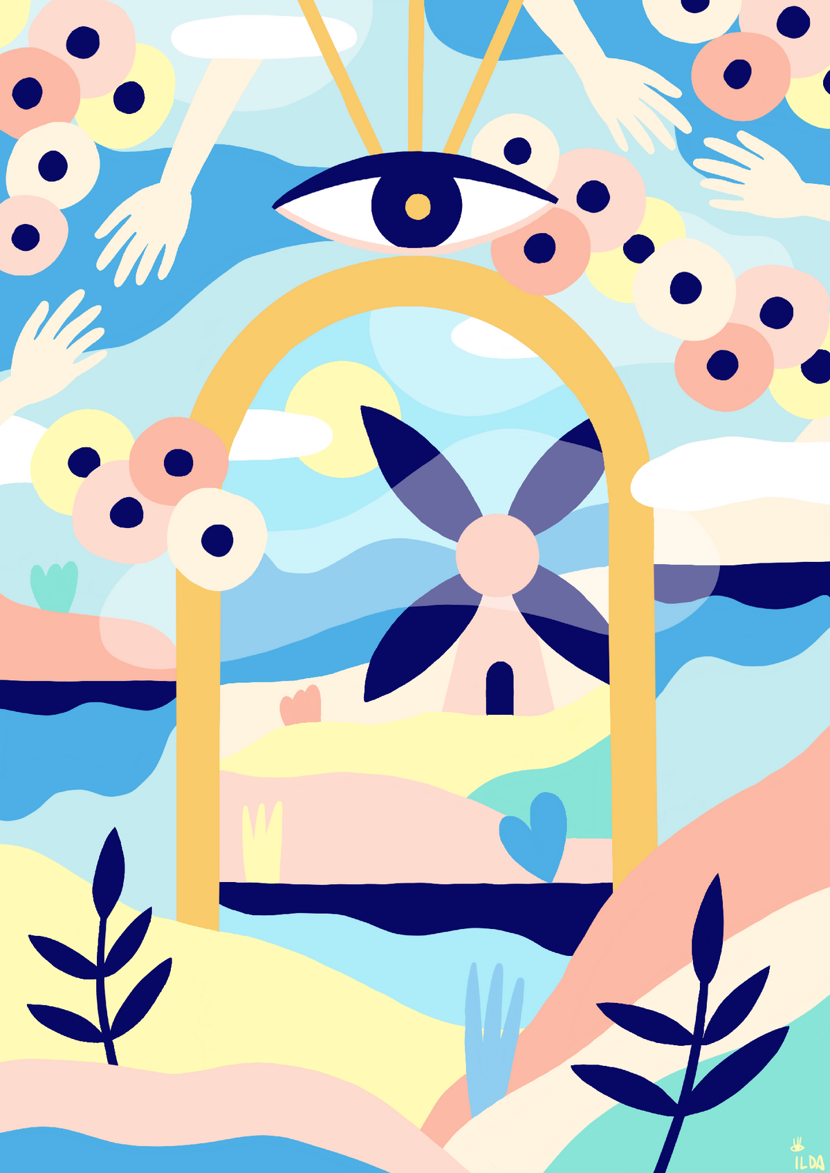 Illustration stylisée d’une scène marine avec arche, mains et formes abstraites