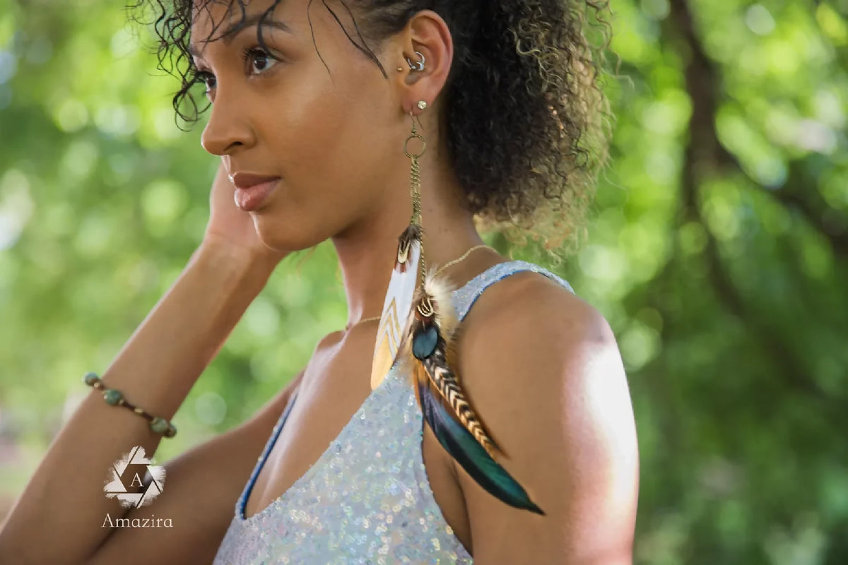 Boucles d’oreilles longues plume, chaînette dorée, détail turquoise
