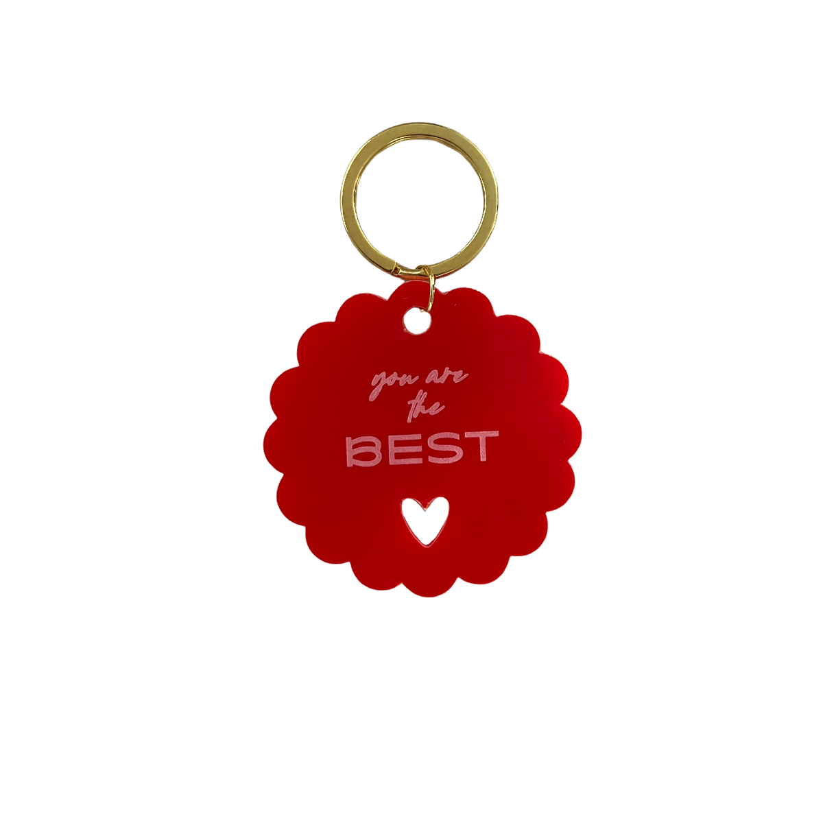 Porte-clés rouge en forme de fleur, anneau doré, texte « you are the BEST »