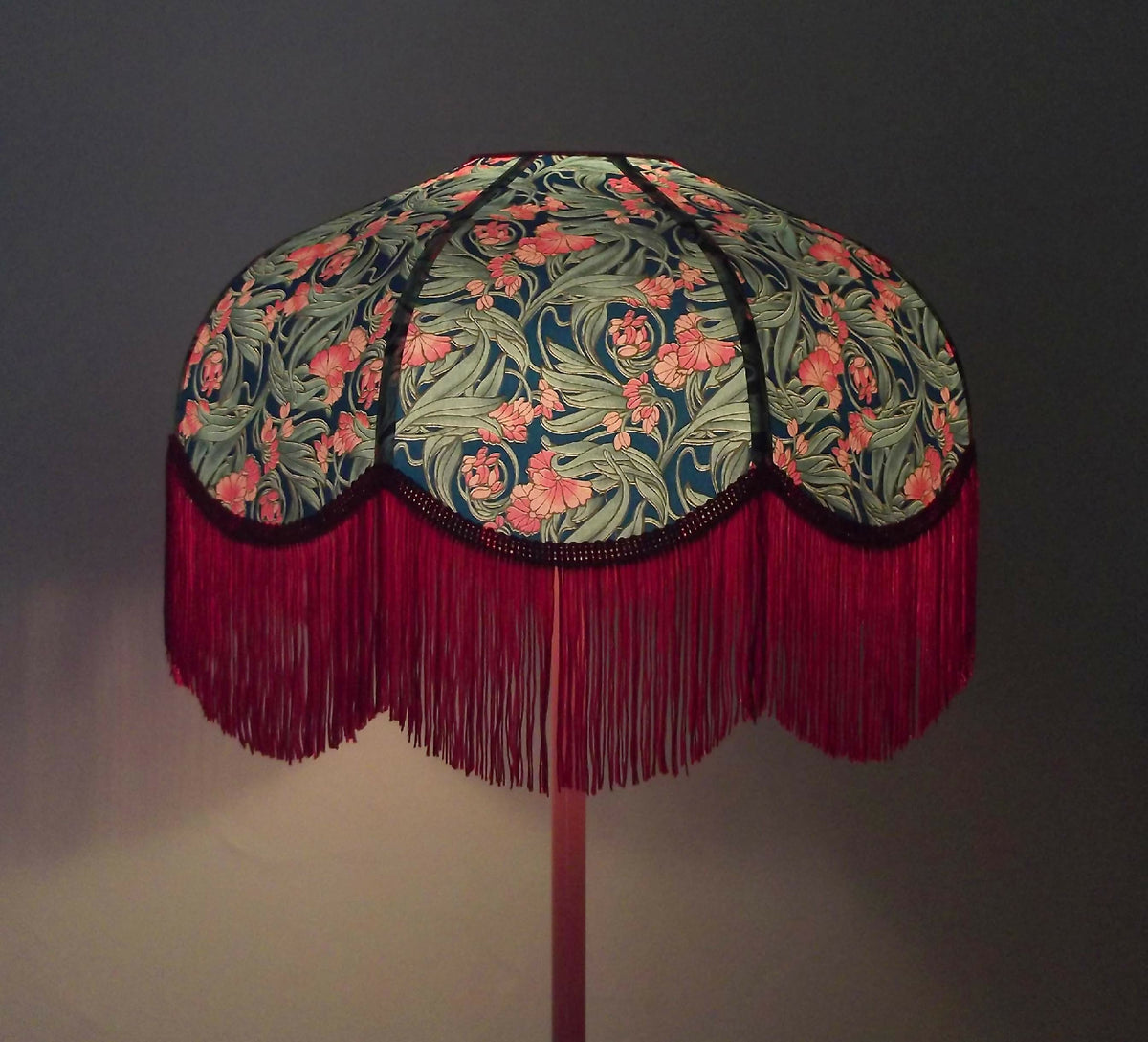 Abat-jour rétro en papier japonais à motifs fleuris, bord en franges bordeaux