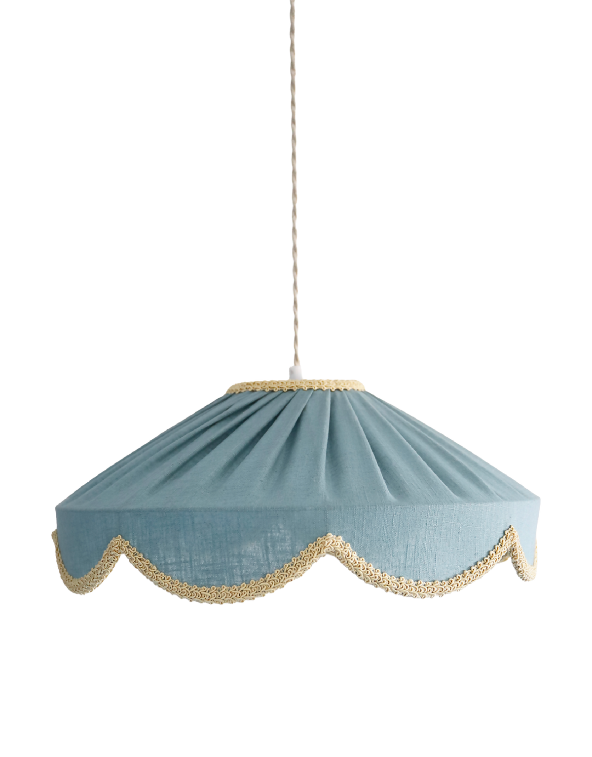 Suspension florale en tissu bleu minéral, bordure dorée ondulée, câble suspendu