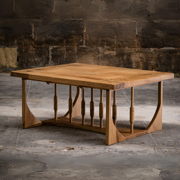 Table basse en bois clair avec plateau rectangulaire et piètement sculpté, forme courbe