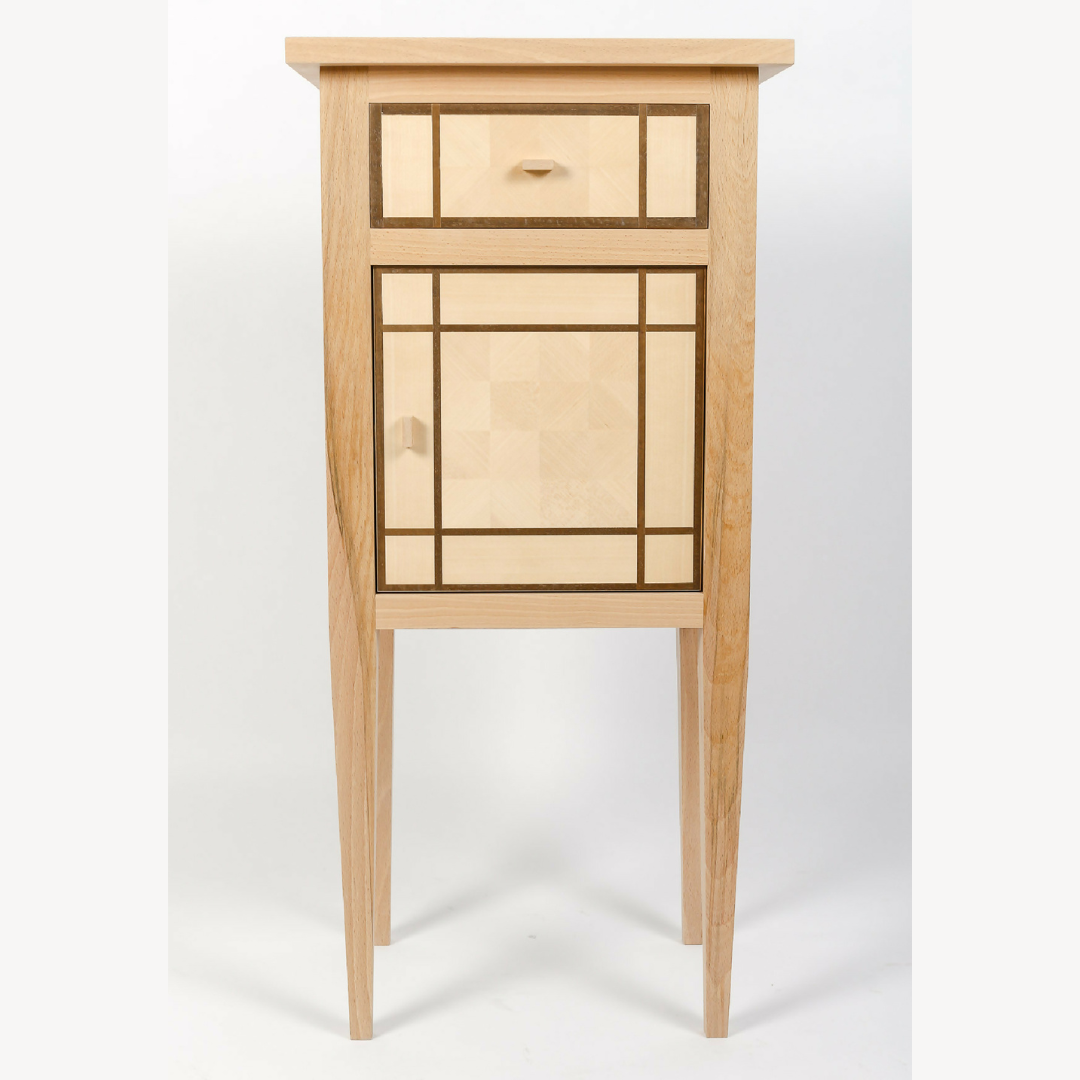 Table de chevet en bois de hêtre avec tiroir et panneau shoji, finition naturelle