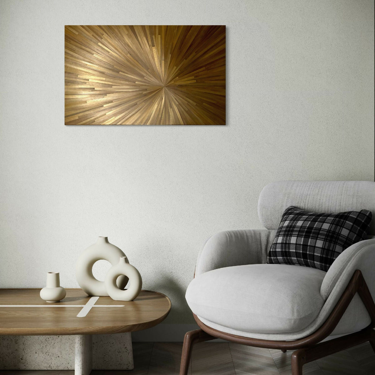 Tableau rectangulaire horizontal soleil rayonnant bronze doré, cadre sombre.