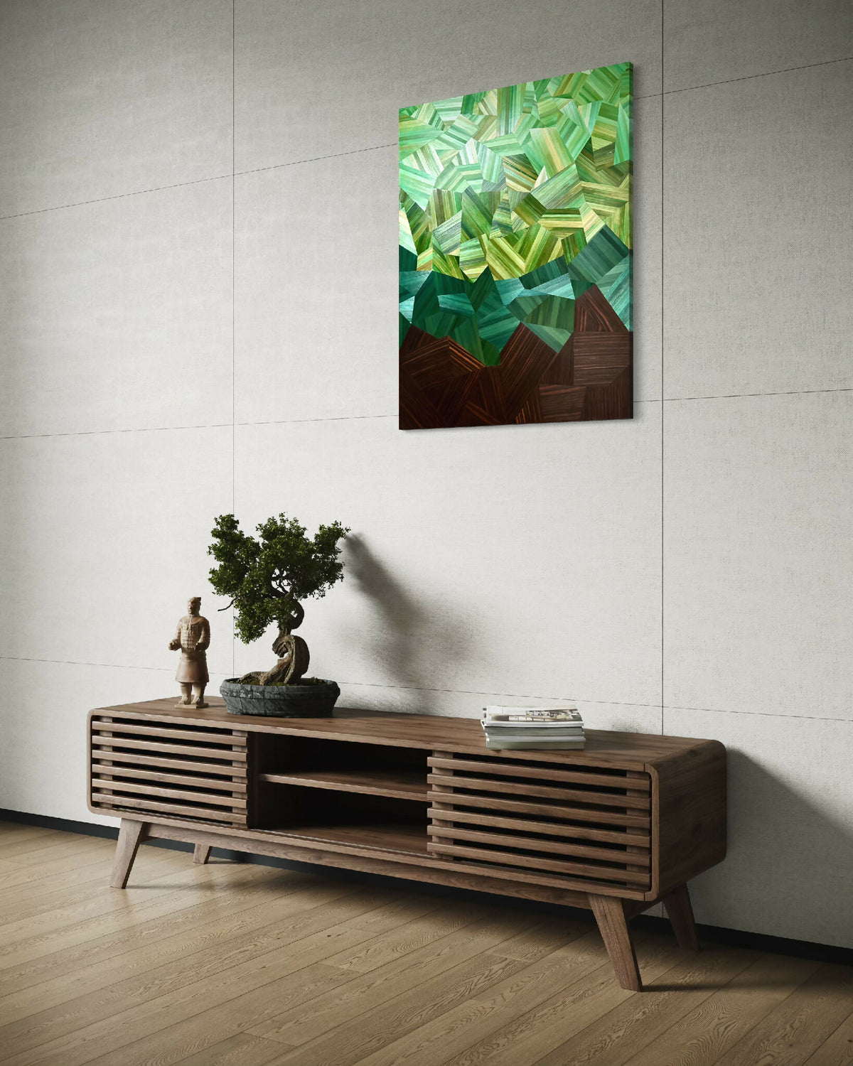 Tableau abstrait vert avec motif géométrique en relief, base brun foncé, cadre noir.