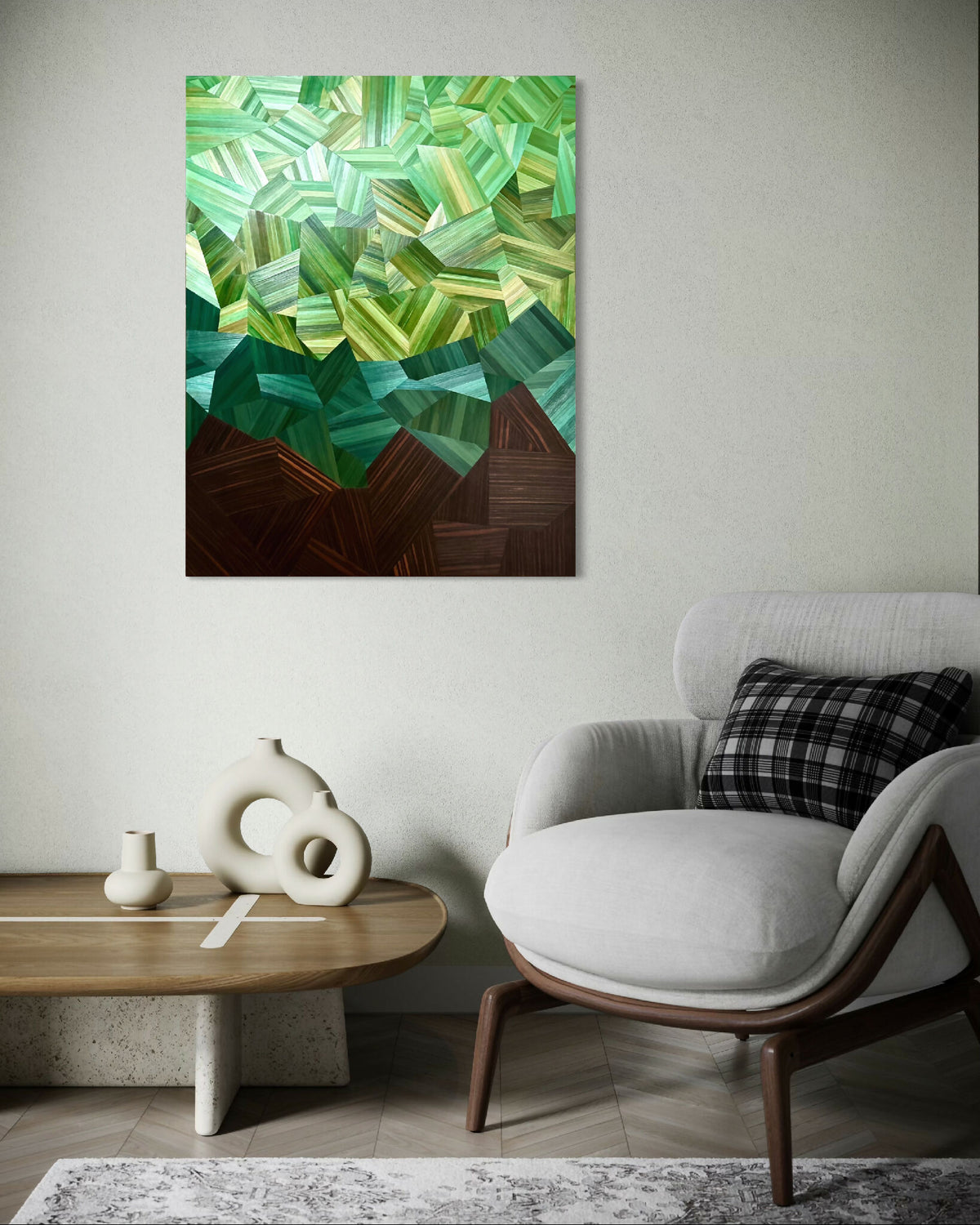 Tableau mural abstrait : cubes et facettes verts, base brun foncé, cadre noir.